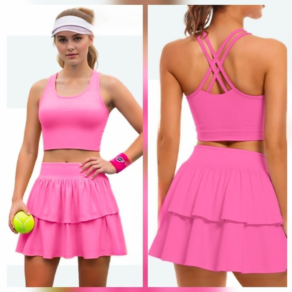 🗨🩵⏭️NWOT Pink Crisscross Crop Sleeveless Top & Layer Ruffle Skort Set XLarge